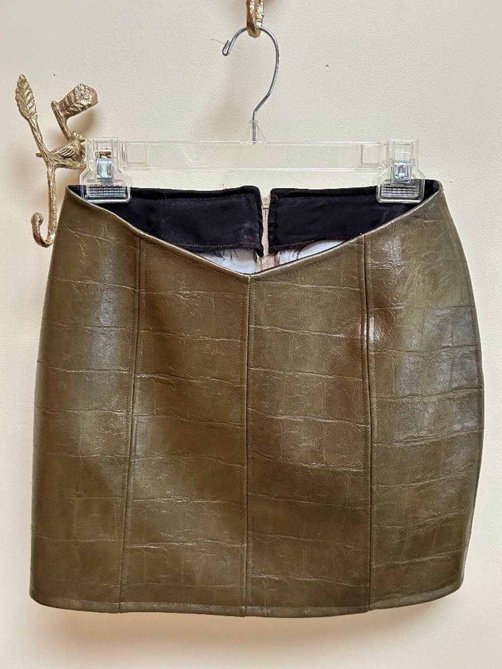 Dark Olive Faux Leather Mini Skirt – Croc Embossed Vegan Leather, Size X-Small